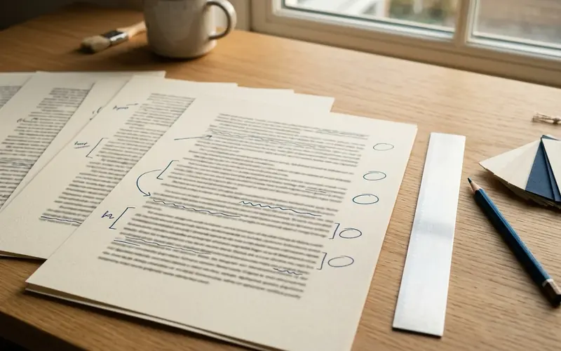 Páginas de un manuscrito con correcciones en lápiz azul, una regla y un lápiz