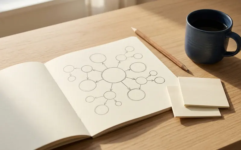 Cuaderno con un mapa de ideas a lápiz, una taza de café y notas sueltas sobre la mesa