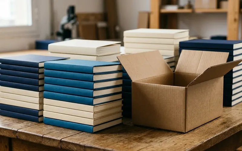 Pilas de libros impresos de tapa azul junto a una caja de envío abierta