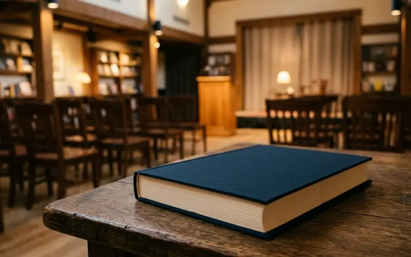 Un libro de tapa azul sobre una mesa, frente a un salón con sillas listo para una presentación